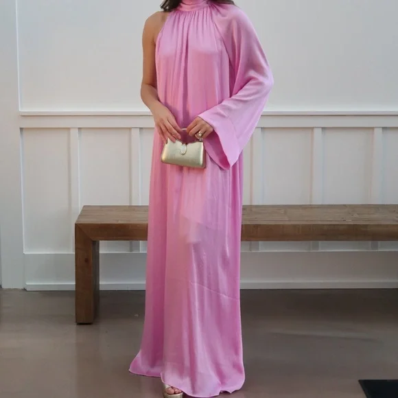 Elegant One-Shoulder Pink Satin Maxi Dress - Picture 3 of 4